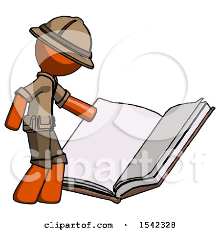 Orange Explorer Ranger Man Reading Big Book While Standing Beside It by Leo Blanchette