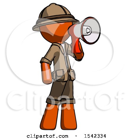 Orange Explorer Ranger Man Shouting into Megaphone Bullhorn Facing Right by Leo Blanchette