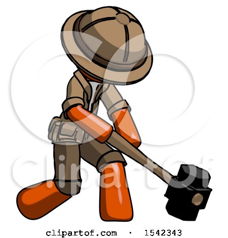 Orange Explorer Ranger Man Hitting with Sledgehammer, or Smashing Something at Angle by Leo Blanchette