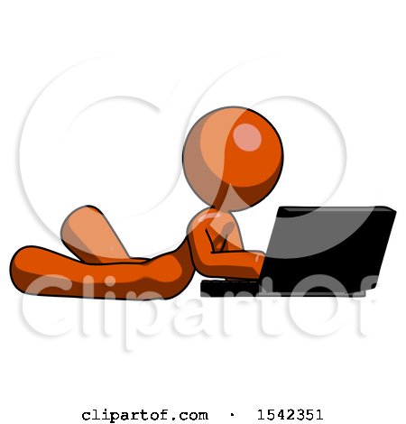 Orange Design Mascot Woman Using Laptop Computer While Lying on Floor Side Angled View by Leo Blanchette