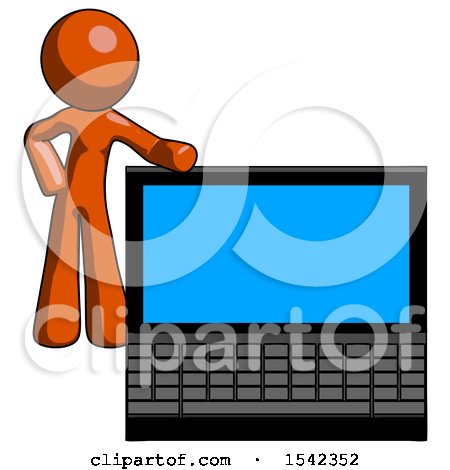 Orange Design Mascot Man Beside Large Laptop Computer, Leaning Against It by Leo Blanchette