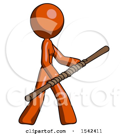 Orange Design Mascot Woman Holding Bo Staff in Sideways Defense Pose by Leo Blanchette