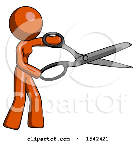 Orange Design Mascot Woman Holding Giant Scissors Cutting out Something by Leo Blanchette