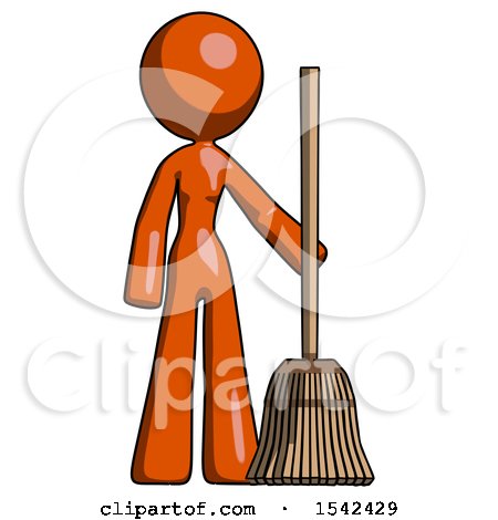 Orange Design Mascot Woman Standing with Broom Cleaning Services by Leo Blanchette