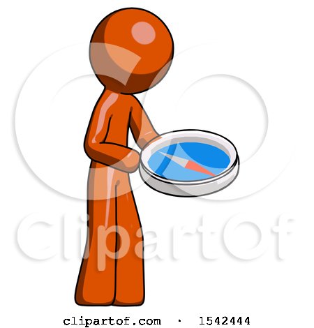 Orange Design Mascot Man Looking at Large Compass Facing Right by Leo Blanchette