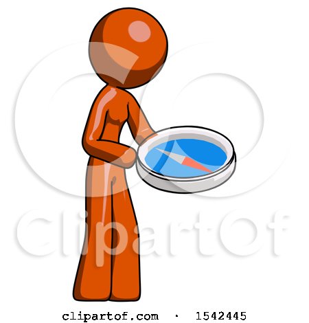 Orange Design Mascot Woman Looking at Large Compass Facing Right by Leo Blanchette