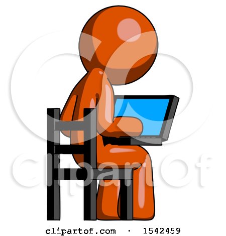 Orange Design Mascot Man Using Laptop Computer While Sitting in Chair View from Back by Leo Blanchette