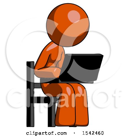 Orange Design Mascot Woman Using Laptop Computer While Sitting in Chair Angled Right by Leo Blanchette