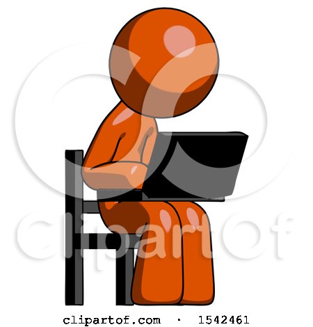 Orange Design Mascot Man Using Laptop Computer While Sitting in Chair Angled Right by Leo Blanchette