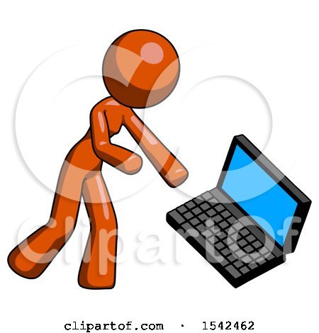 Orange Design Mascot Woman Throwing Laptop Computer in Frustration by Leo Blanchette