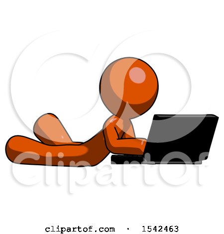 Orange Design Mascot Man Using Laptop Computer While Lying on Floor Side Angled View by Leo Blanchette