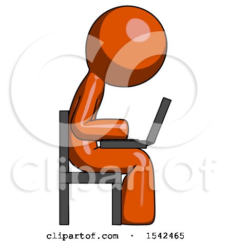 Orange Design Mascot Man Using Laptop Computer While Sitting in Chair View from Side by Leo Blanchette