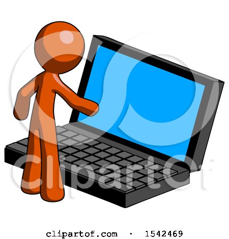 Orange Design Mascot Man Using Large Laptop Computer by Leo Blanchette