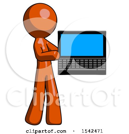 Orange Design Mascot Man Holding Laptop Computer Presenting Something on Screen by Leo Blanchette