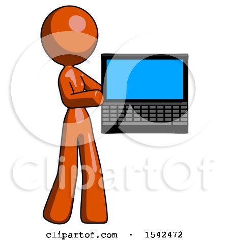Orange Design Mascot Woman Holding Laptop Computer Presenting Something on Screen by Leo Blanchette