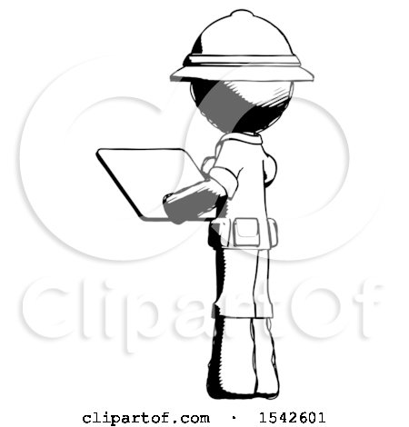 Ink Explorer Ranger Man Looking at Tablet Device Computer with Back to Viewer by Leo Blanchette