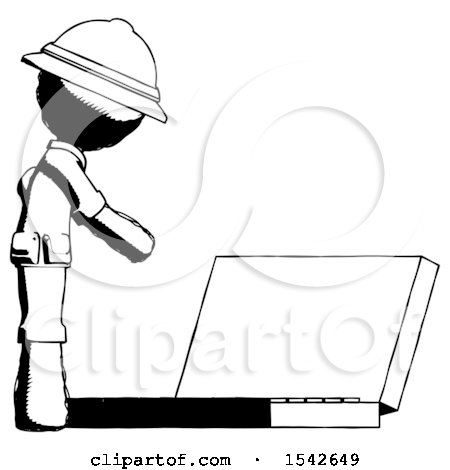 Ink Explorer Ranger Man Using Large Laptop Computer Side Orthographic View by Leo Blanchette