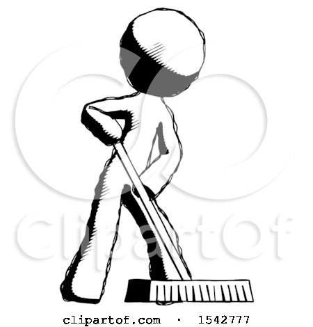 Ink Design Mascot Man Cleaning Services Janitor Sweeping Floor with Push Broom by Leo Blanchette