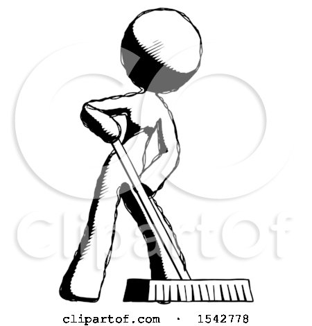 Ink Design Mascot Woman Cleaning Services Janitor Sweeping Floor with Push Broom by Leo Blanchette