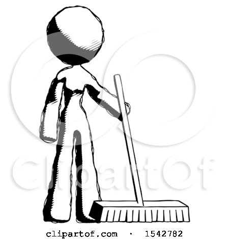Ink Design Mascot Woman Standing with Industrial Broom by Leo Blanchette