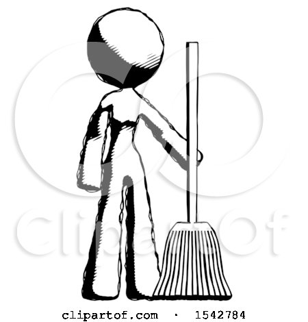 Ink Design Mascot Woman Standing with Broom Cleaning Services by Leo Blanchette