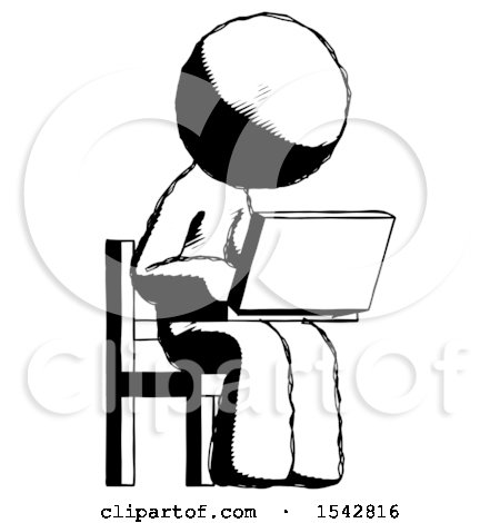 Ink Design Mascot Man Using Laptop Computer While Sitting in Chair Angled Right by Leo Blanchette