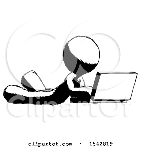 Ink Design Mascot Man Using Laptop Computer While Lying on Floor Side Angled View by Leo Blanchette