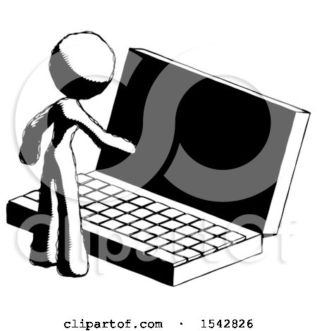 Ink Design Mascot Woman Using Large Laptop Computer by Leo Blanchette