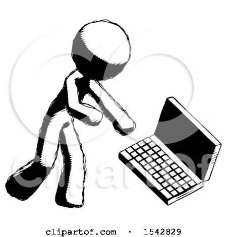 Ink Design Mascot Man Throwing Laptop Computer in Frustration by Leo Blanchette