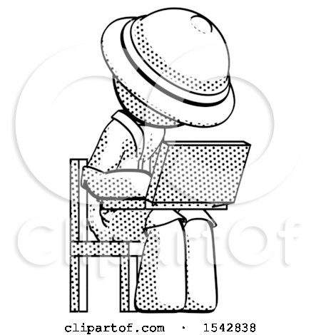Halftone Explorer Ranger Man Using Laptop Computer While Sitting in Chair Angled Right by Leo Blanchette