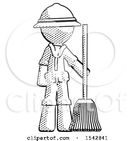 Halftone Explorer Ranger Man Standing with Broom Cleaning Services by Leo Blanchette