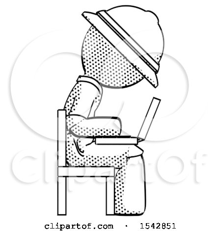 Halftone Explorer Ranger Man Using Laptop Computer While Sitting in Chair View from Side by Leo Blanchette