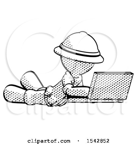 Halftone Explorer Ranger Man Using Laptop Computer While Lying on Floor Side Angled View by Leo Blanchette