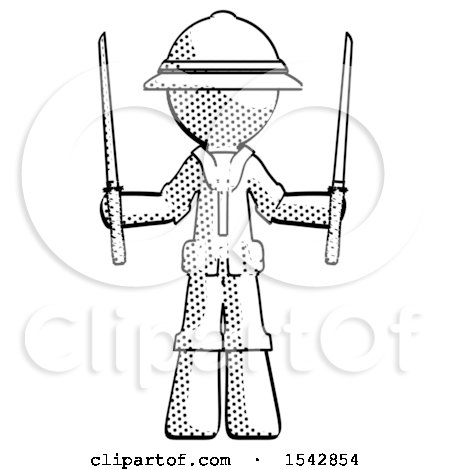 Halftone Explorer Ranger Man Posing with Two Ninja Sword Katanas up by Leo Blanchette