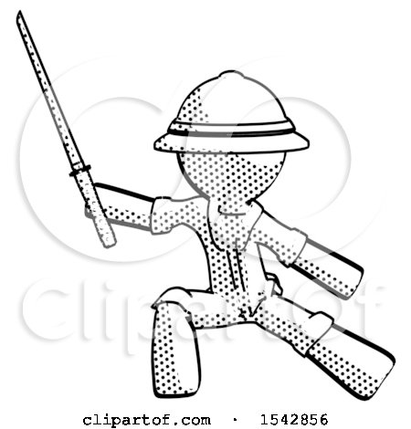 Halftone Explorer Ranger Man with Ninja Sword Katana in Defense Pose by Leo Blanchette