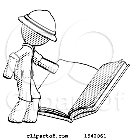 Halftone Explorer Ranger Man Reading Big Book While Standing Beside It by Leo Blanchette