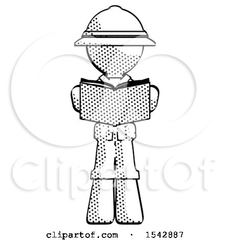 Halftone Explorer Ranger Man Reading Book While Standing up Facing Viewer by Leo Blanchette