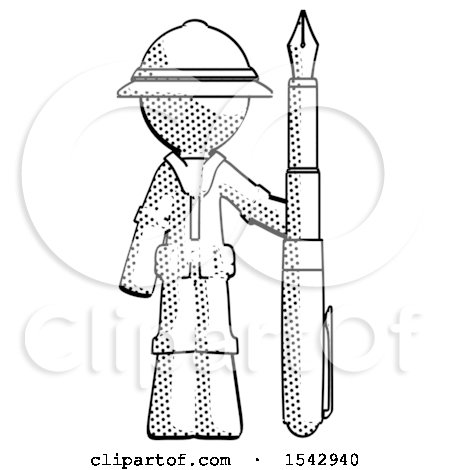 Halftone Explorer Ranger Man Holding Giant Calligraphy Pen by Leo Blanchette