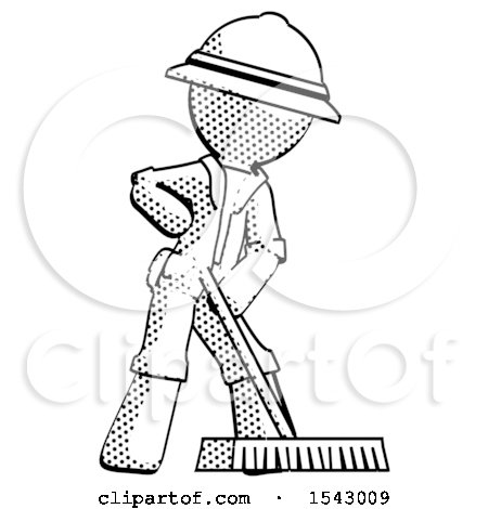 Halftone Explorer Ranger Man Cleaning Services Janitor Sweeping Floor with Push Broom by Leo Blanchette