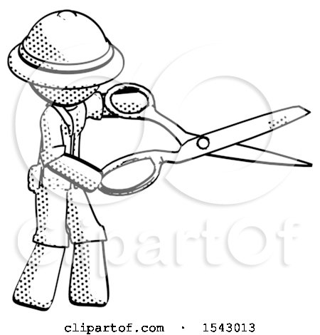 Halftone Explorer Ranger Man Holding Giant Scissors Cutting out Something by Leo Blanchette