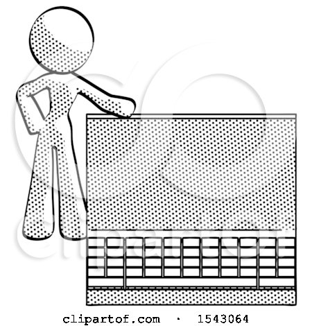 Halftone Design Mascot Woman Beside Large Laptop Computer, Leaning Against It by Leo Blanchette