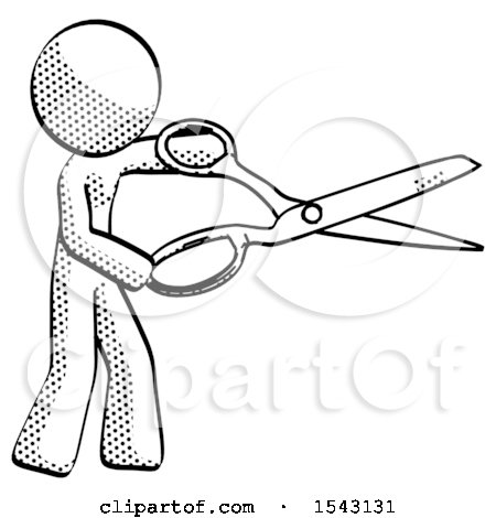 Halftone Design Mascot Man Holding Giant Scissors Cutting out Something by Leo Blanchette