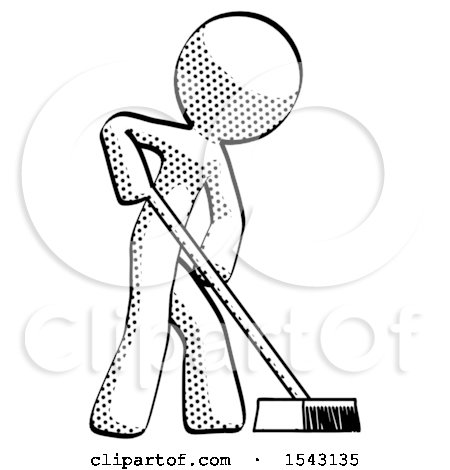 Halftone Design Mascot Man Cleaning Services Janitor Sweeping Side View by Leo Blanchette