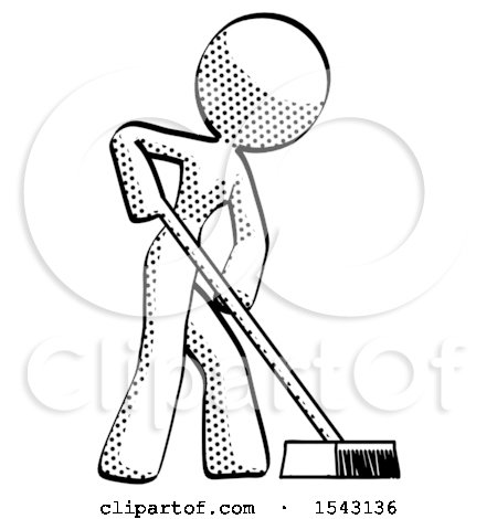 Halftone Design Mascot Woman Cleaning Services Janitor Sweeping Side View by Leo Blanchette