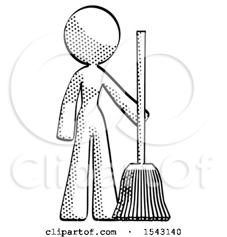 Halftone Design Mascot Woman Standing with Broom Cleaning Services by Leo Blanchette