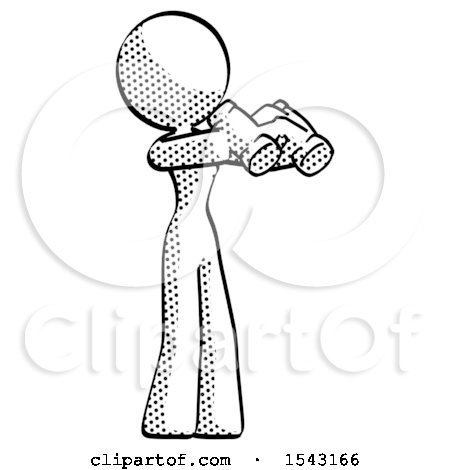 Halftone Design Mascot Woman Holding Binoculars Ready to Look Right by Leo Blanchette