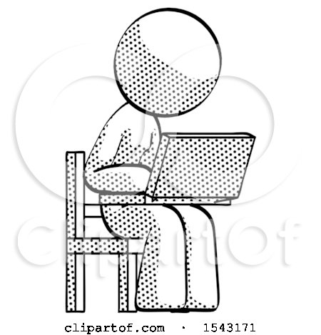 Halftone Design Mascot Woman Using Laptop Computer While Sitting in Chair Angled Right by Leo Blanchette