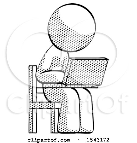 Halftone Design Mascot Man Using Laptop Computer While Sitting in Chair Angled Right by Leo Blanchette