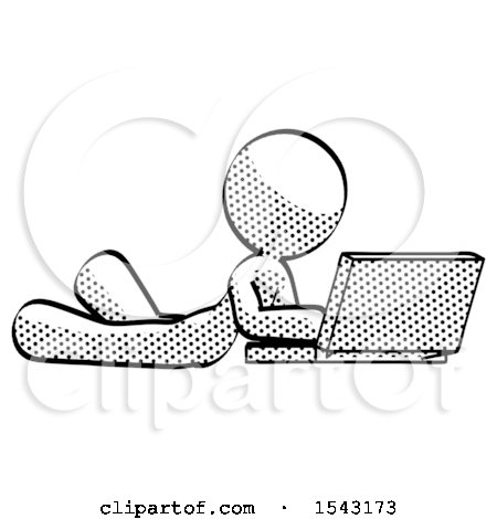 Halftone Design Mascot Woman Using Laptop Computer While Lying on Floor Side Angled View by Leo Blanchette