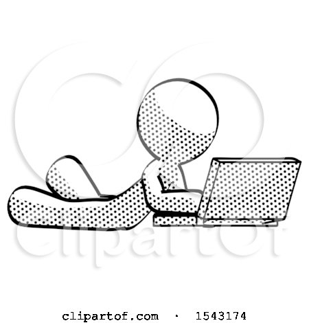 Halftone Design Mascot Man Using Laptop Computer While Lying on Floor Side Angled View by Leo Blanchette